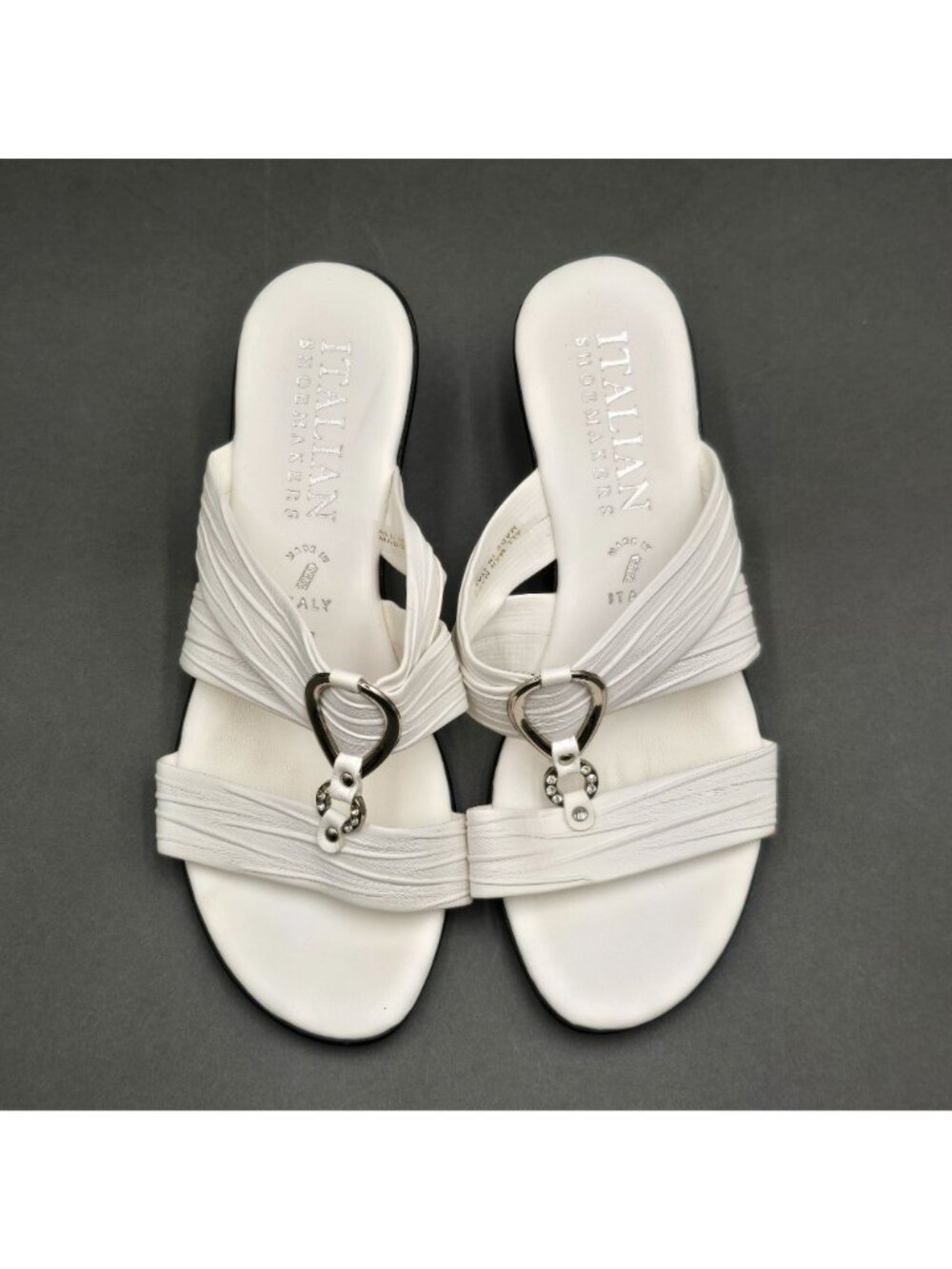 Italian Shoemakers Wedge Sandals Size 7 White Metallic Ring Detail Slides - Picture 2 of 10
